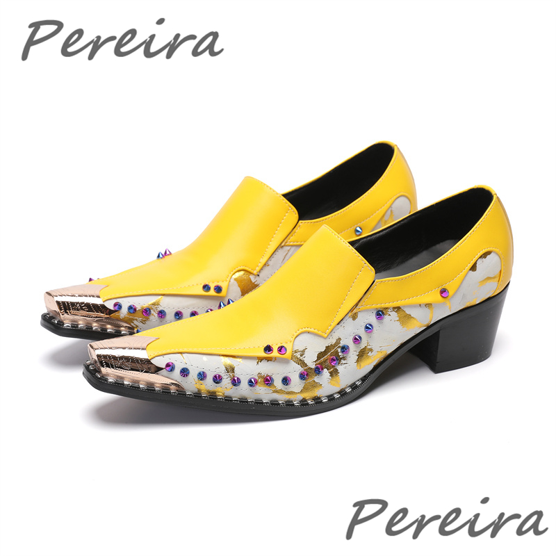 Men Shoes Yellow - 남성용 컬러풀 라인스톤 가죽 신발, 메탈