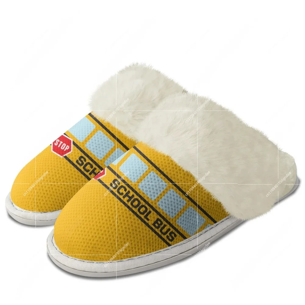 Men Shoes Yellow - 노란색 스쿨버스 프린트 플러시 슬리퍼 따뜻한