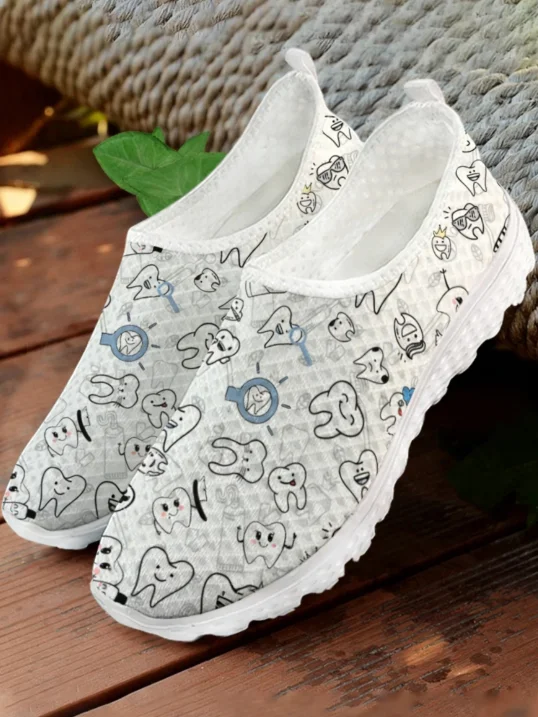 Men'S Shoes For Tennis - 흰색 만화 치아 프린트 메쉬 고품질