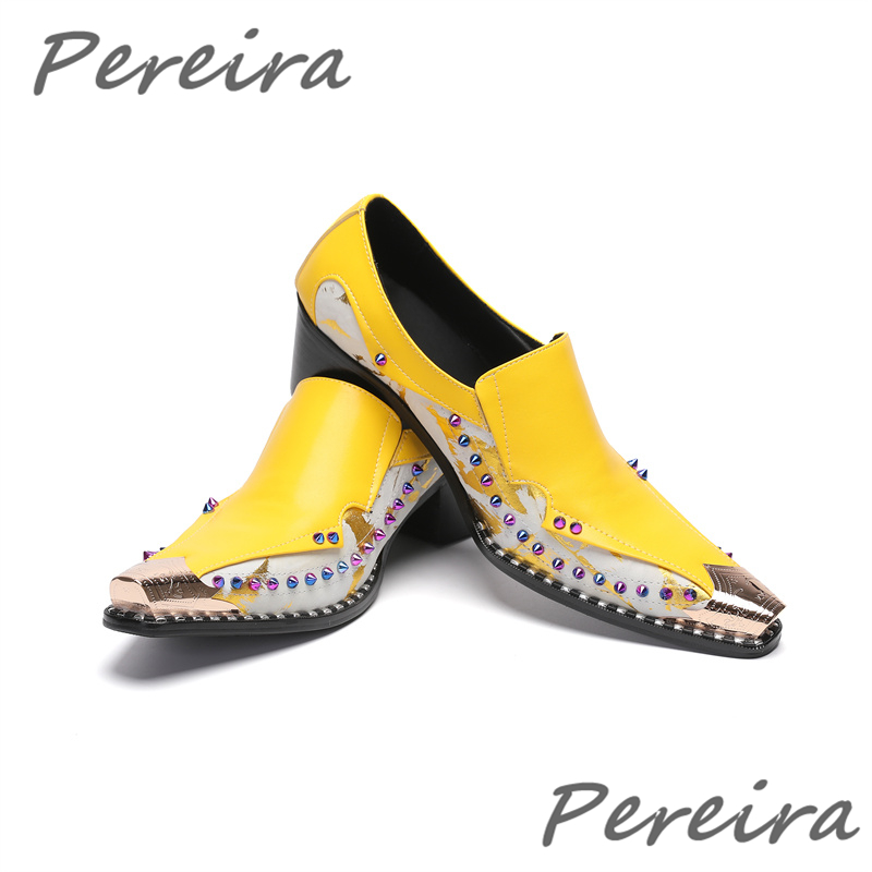 남성용 컬러풀 라인스톤 가죽 신발, 메탈 포인티드 토, - Men Shoes Yellow 리뷰 및 가격
